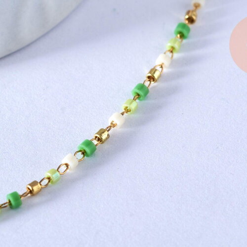 Chaine complète acier doré perle rocaille vert artisanale, création collier acier inoxydable doré,40.7cm, x1 g4104