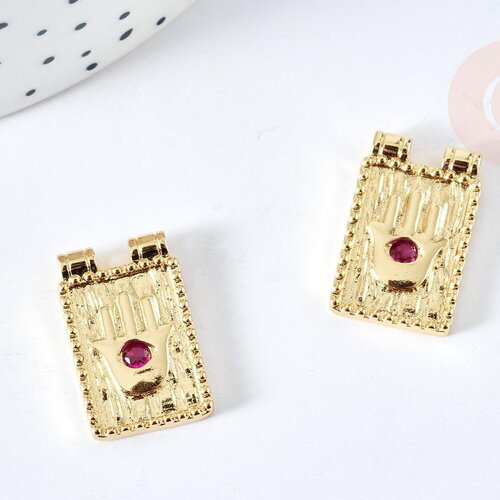 Pendentif médaille rectangle main fatma chance laiton doré zircon 21mm, pendentif or avec cristaux création de bijoux, x1 g7674