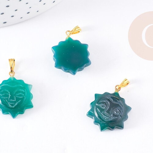 Pendentif soleil agate verte support doré, pendentif pierre agate naturelle verte,création bijoux en pierre naturelle, 23mm, x1, g5523