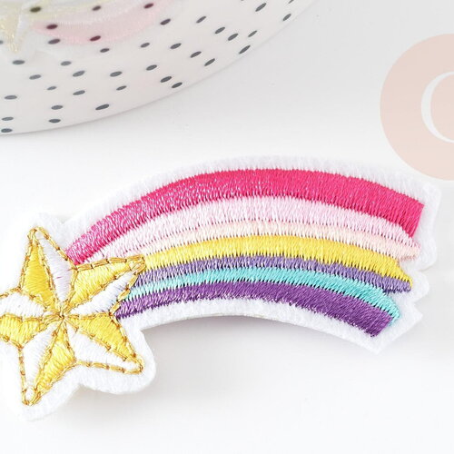 Ecusson à repasser étoile filante arc-en-ciel,customisation vêtement, écusson thermocollant,patch brodé,écusson brodé,60mm, x1 g3383