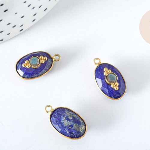 Pendentif ovale amulette lapis lazulis naturelle argent 925 doré 18k 30mm, pendentif pierre naturelle, x1, g7713