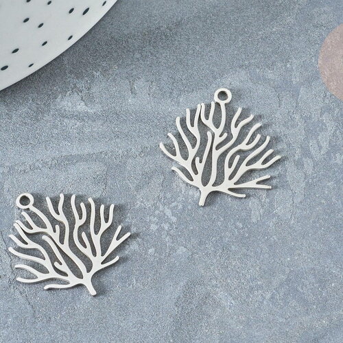Pendentif branche de corail acier 201 inoxydable argenté 23.5mm, x1 (g8158)