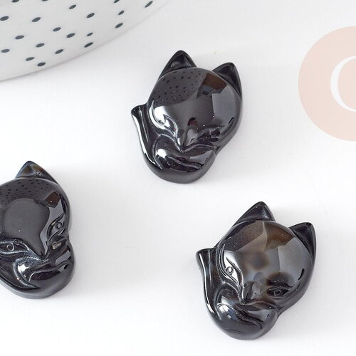 Pendentif renard agate noire naturelle en pierre ,23mm, x1 (g4574)