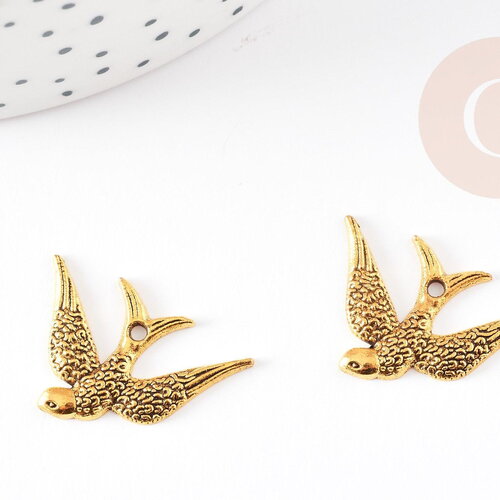 Pendentif hirondelle zamac doré 25mm, pendentif oiseau doré pour création bijoux, x2 g0999