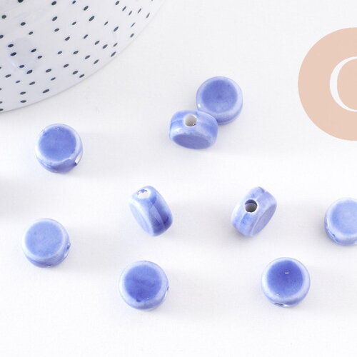 Perles porcelaine émail bleu, perle céramique, perle porcelaine,perle disque, céramique bleue,12mm, x10 g5363