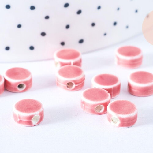 Perles porcelaine rose, perle céramique, perle porcelaine,perle disque, céramique rose,8mm, x10 g9344