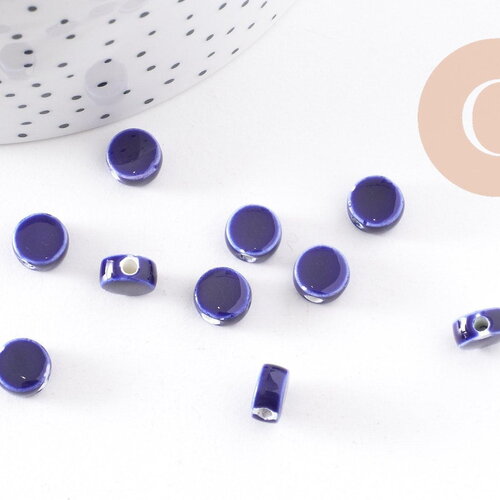 Perles porcelaine bleue foncé, perle céramique, perle porcelaine,perle disque, céramique bleue, 13mm, x10 g1239