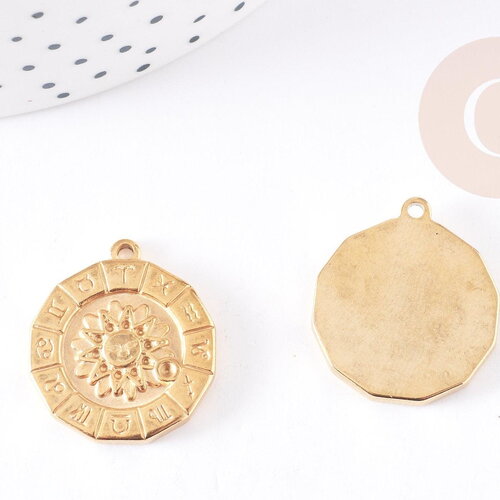 Pendentif soleil zodiaque acier doré,pendentif doré horoscope,porte-bonheur,acier doré inoxydable,24mm,x1 g4053