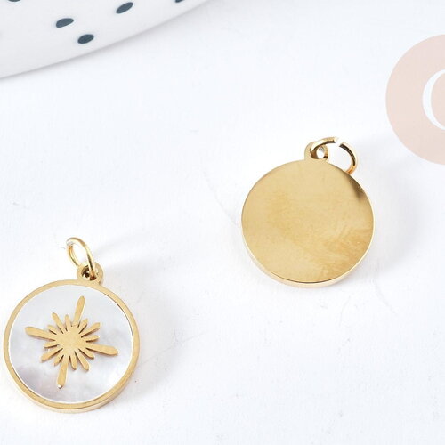 Pendentif rond soleil nacre acier inoxydable 316l doré 12.5mm, x1 (g8773)