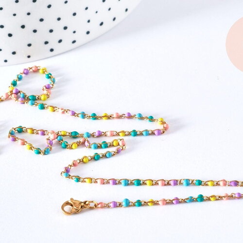 Bracelet ou collier acier doré 14k résine multicolore,chaine doree, bracelet chaîne fine,2-3mm,19cm, x1 g3774