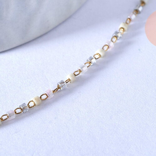 Chaine complète acier doré perles rocaille blanches artisanales, acier inoxydable doré,40.7cm, x1 g3778