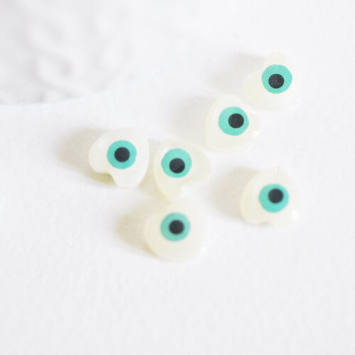 Perle coeur nacre blanche mauvais oeil, fournitures créatives,chance, cabochon nacre, gri-gri,8.5-9mm ,x 10,g1962