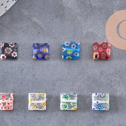 Perle carrée verre millefiori, perle verre,verre artisanal, perle bijou été, 10mm, x5 (g2614)