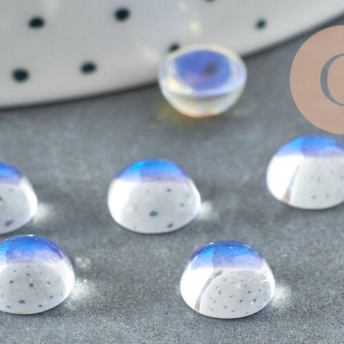 Cabochon verre demi-rond clair irisé opalite ab 8mm, accessoires pour création de bijoux, x1 g8333
