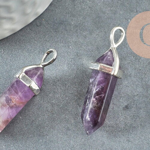 Pendentif pointe améthyste violette zamac platine 39mm, création bijoux pierre naturelle, x1 g1309