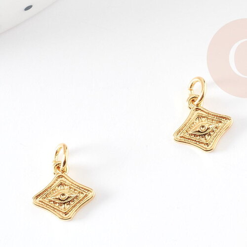 Pendentif médaille losange oeil laiton doré 18k texturé, un pendentif doré sans nickel pour la création,médaille or,10mm, x1 g4672
