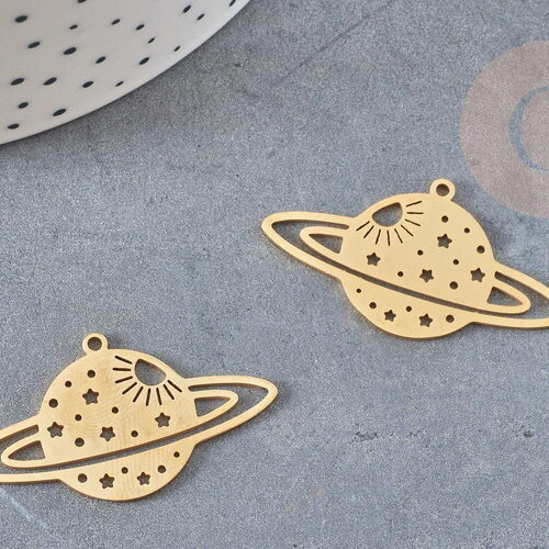 Pendentif planète étoiles acier 201 inoxydable dore 21.5mm, x1 (g6140)