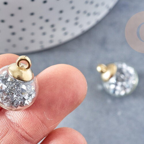 Pendentif bulle verre transparent cristal gris bélière plastique doré 21mm, création sautoir, pendentif vitrine, unite g8682