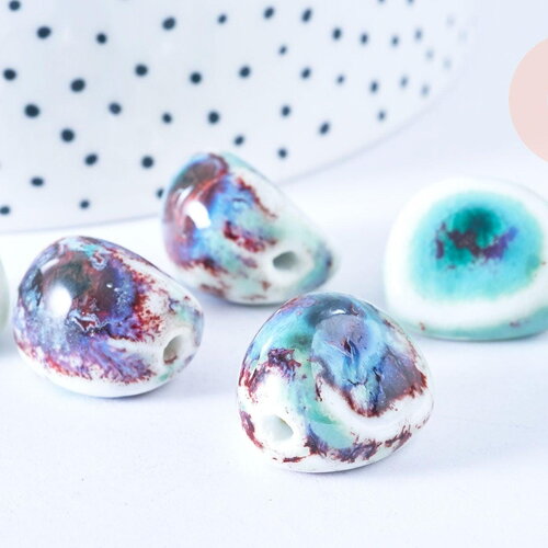Perle ovale en porcelaine artisanale vert-violet, fantaisie porcelaine émaillée,18-21mm, x5 g5466