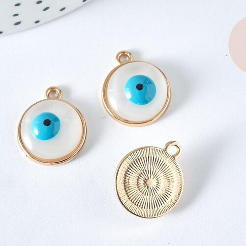 Breloque rond œil protecteur zamac doré émail blanc 19mm, création bijoux chance, x1 g7408