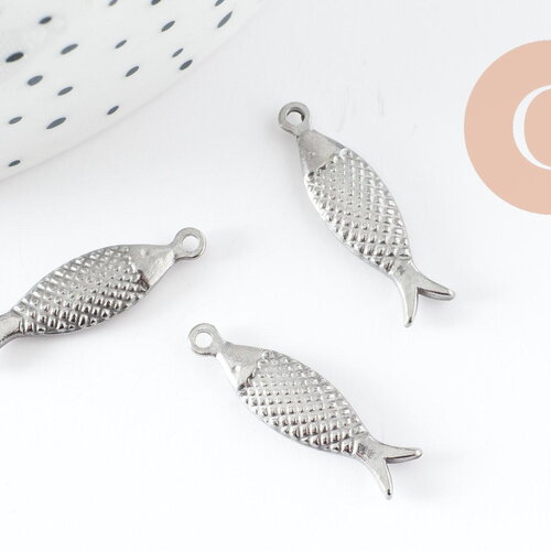 Breloque poisson acier 304 inoxydable platine 21mm, pendentif acier inoxydable x1 g9536