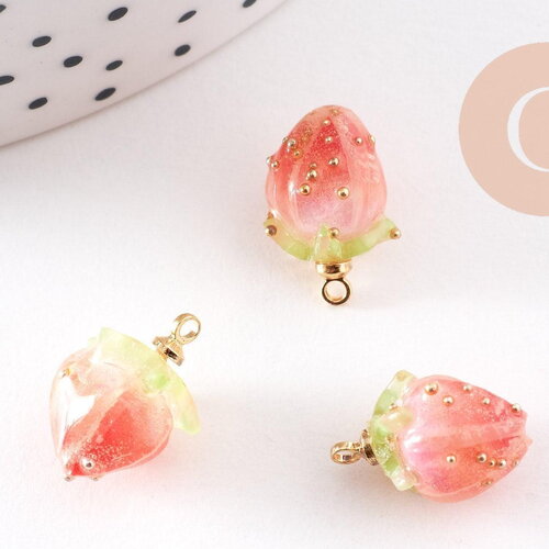 Pendentif résine fleur séchée rose rouge 33mm, pendentif fleur de rose et or, x1 (g6726)