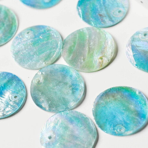 Pendentif rond nacre bleu irisé, pendentif coquillage naturel bleu ,création bijoux, 25mm, x10 (g3969)