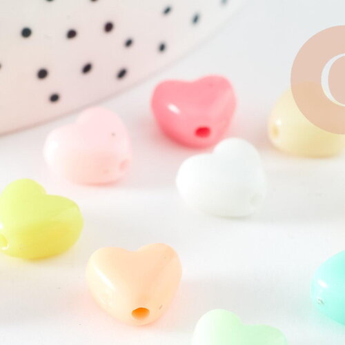 Perle coeur plastique multicolore pastel 9.5mm, x30 (12.6g) (g3492)