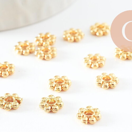Perles rondelles fleurs laiton doré 18k 7.5mm, perles dorées intercalaire pour création bijoux x20 g9542