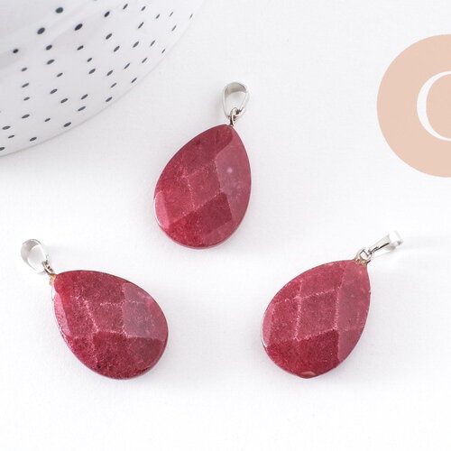 Pendentif goutte jade naturel bordeau facetté laiton platine 27.5mm, x1 (g10234)