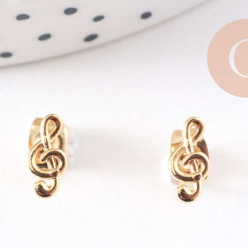 Boucles puces acier 316 inoxydable doré clef de sol 9mm, x2 (g10237)