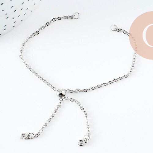 Bracelet réglable chaine forçat acier inoxydable platine finition zircon 2mm/ 26.6cm, x1 (g10230)