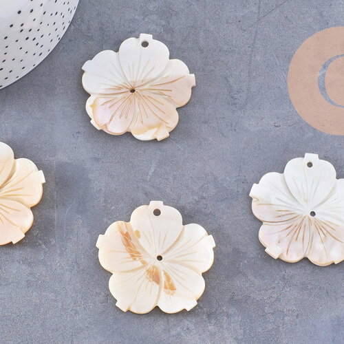 Pendentif fleur nacre blanche naturelle 48mm, x2 (g10227)
