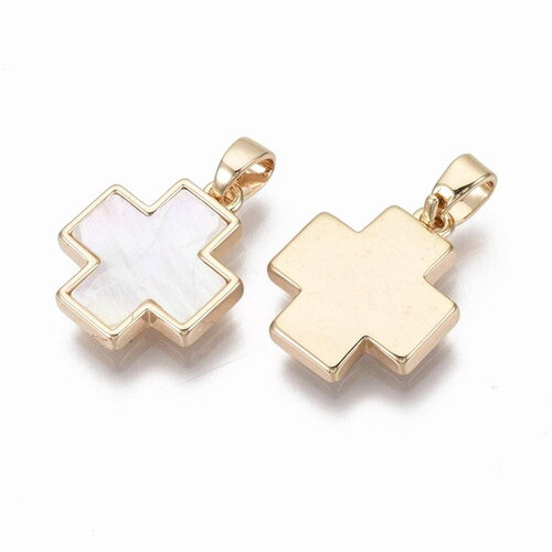 Pendentif croix laiton or blanc nacre 18k 15mm, x1 (g5985)