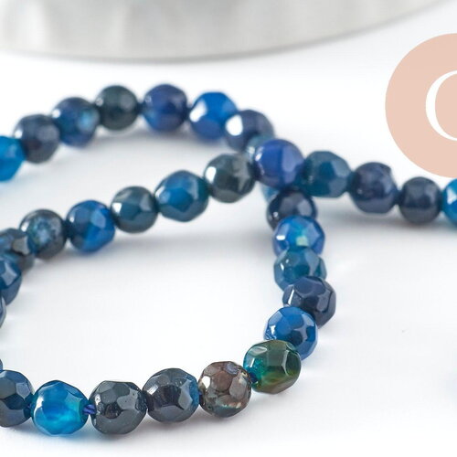 Perles rondes facettées agate bleue foncée 4mm, perle agate naturelle, pierre gemme, perle facette,4mm,fil de 37cm x1 (g1087)