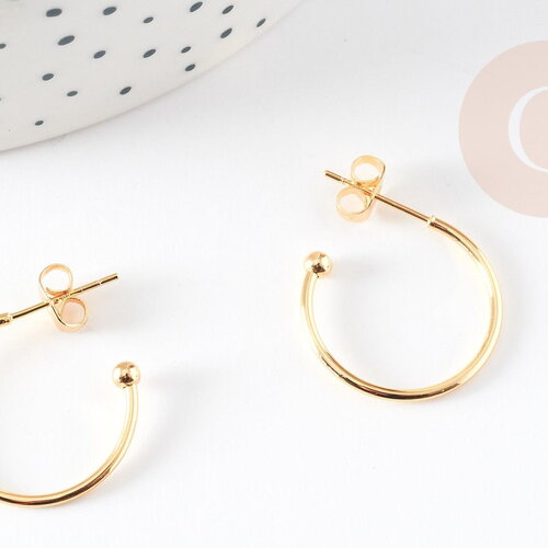 Boucles d'oreilles anneau demi-créole puce doré 18k tige argent 925 23mm, x2 (g3582)