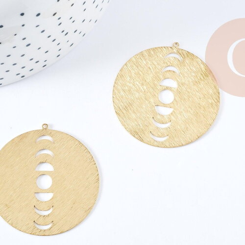 Pendentif rond phases lune laiton brut brossé 42mm, x1 (g8824)