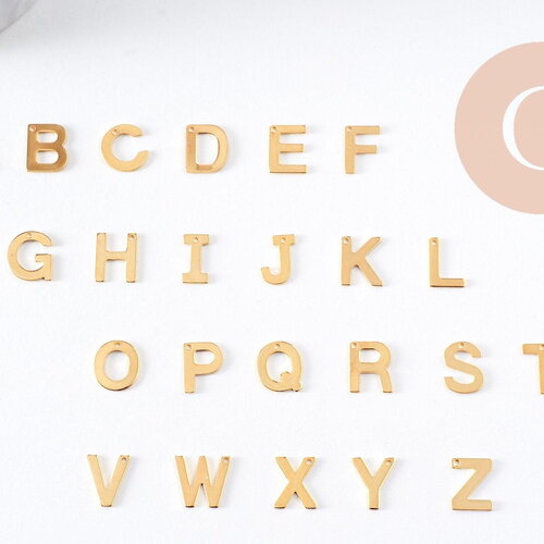 Pendentif lettre initiale alphabet acier inoxydable doré 10mm, x1 (g3071)