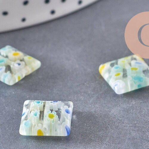 Perle carrée verre millefiori, perle verre,verre artisanal, perle bijou été,création bijoux 11mm, x5 (g5366)