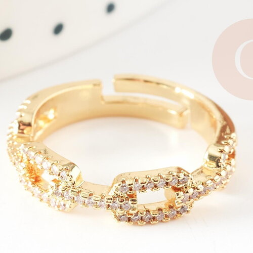 Bague réglable laiton doré chaine et zircon 17.3mm, x1 (g3456)