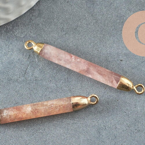 Pendentif connecteur tube quartz fraise naturel fer doré 45mm,x1 (g3931)