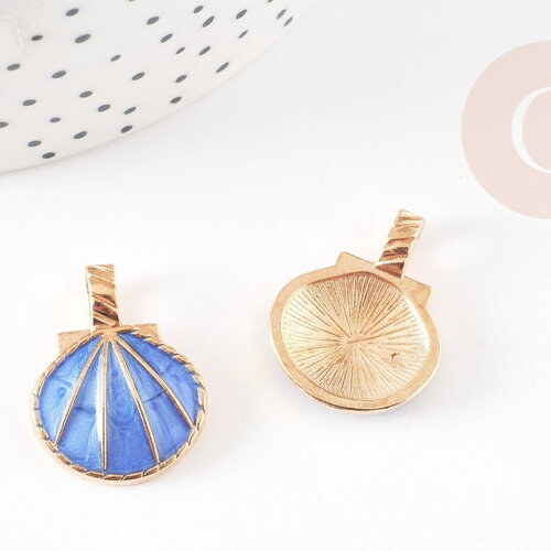 Pendentif coquillage doré bleu 24.5mm, pendentif coquillage pour création bijoux x 2 (g5793)