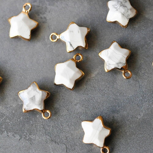 Pendentif étoile howlite blanche naturelle facettes fer doré 17mm, x1 (g3946)