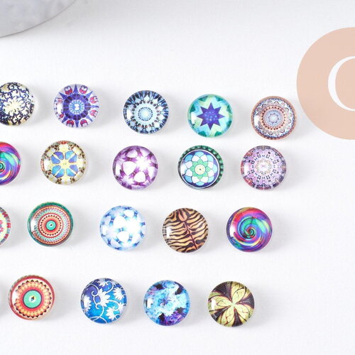 Cabochon verre rond dôme imprimé, cabochons verre fait main,12mm, x20 (g3743)