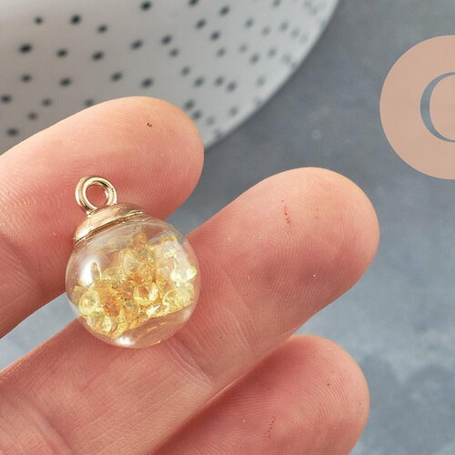 Pendentif bulle verre transparent cristal jaune bélière plastique doré 21mm, création sautoir, pendentif vitrine, x1 g9751