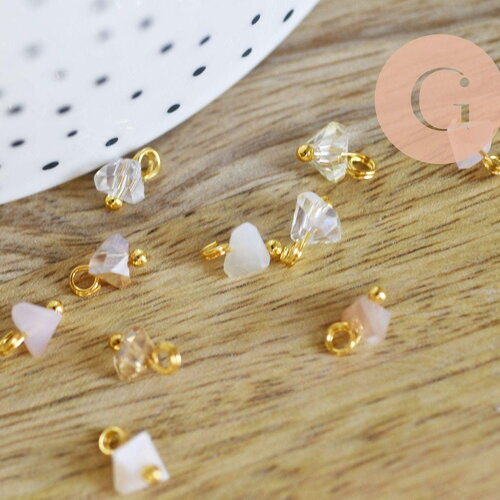 Pendentif perle triangle doré carats cristal beige 8mm,pendentif cristal, pendentif doré cristal, x10 (g6239)