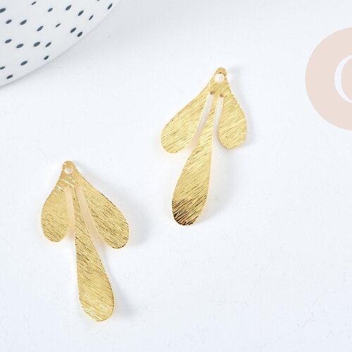 Pendentif branche feuille laiton doré brossé 35.5mm,création bijoux motif végétal, x2 (g8736)