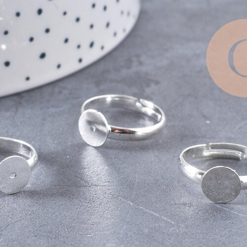 Supports bague reglable argentés plateau 8mm, x4 (g0506)