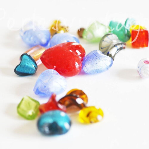 Perles verre murano formes et couleurs multiples, perles feuille argent, style murano, verre soufflé, x10 (g0741)