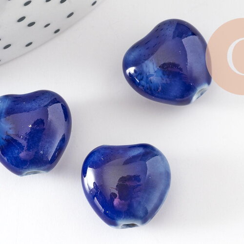 Perle coeur porcelaine bleu foncé 14-15mm, perle céramique, fabrication bijoux amour et amitié x5 g9348